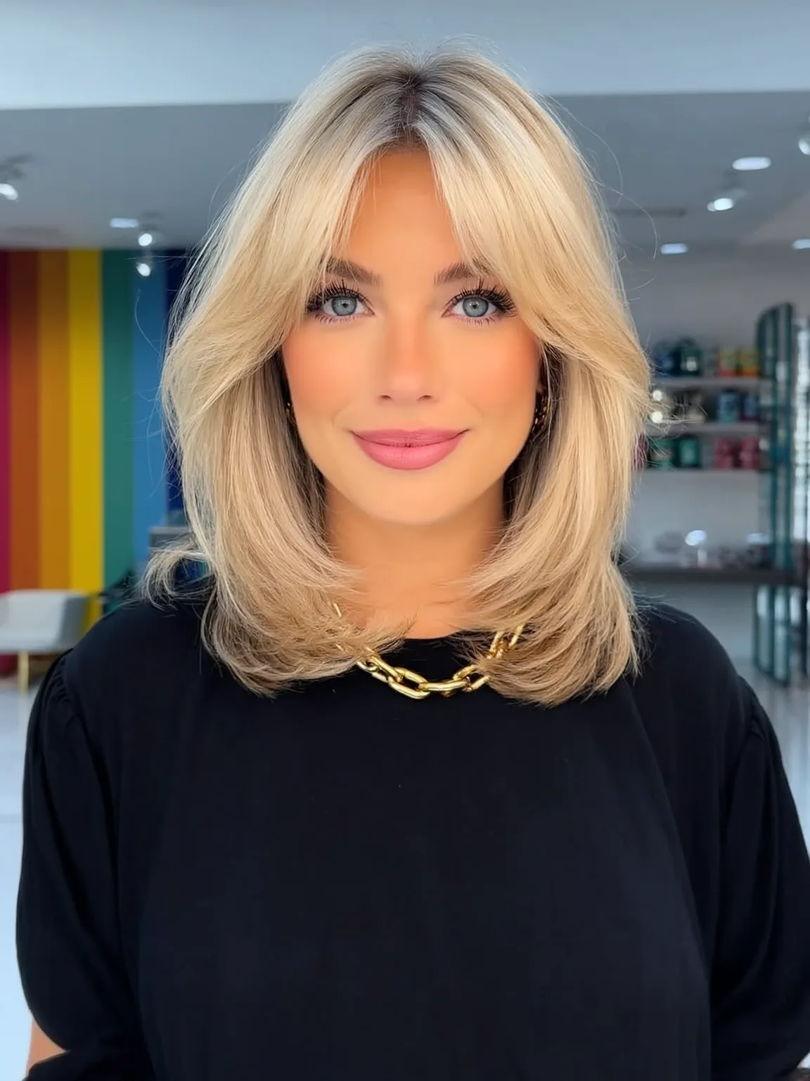 Voluminous Vanilla Blonde Shoulder-Length Layers with Curtain Bangs